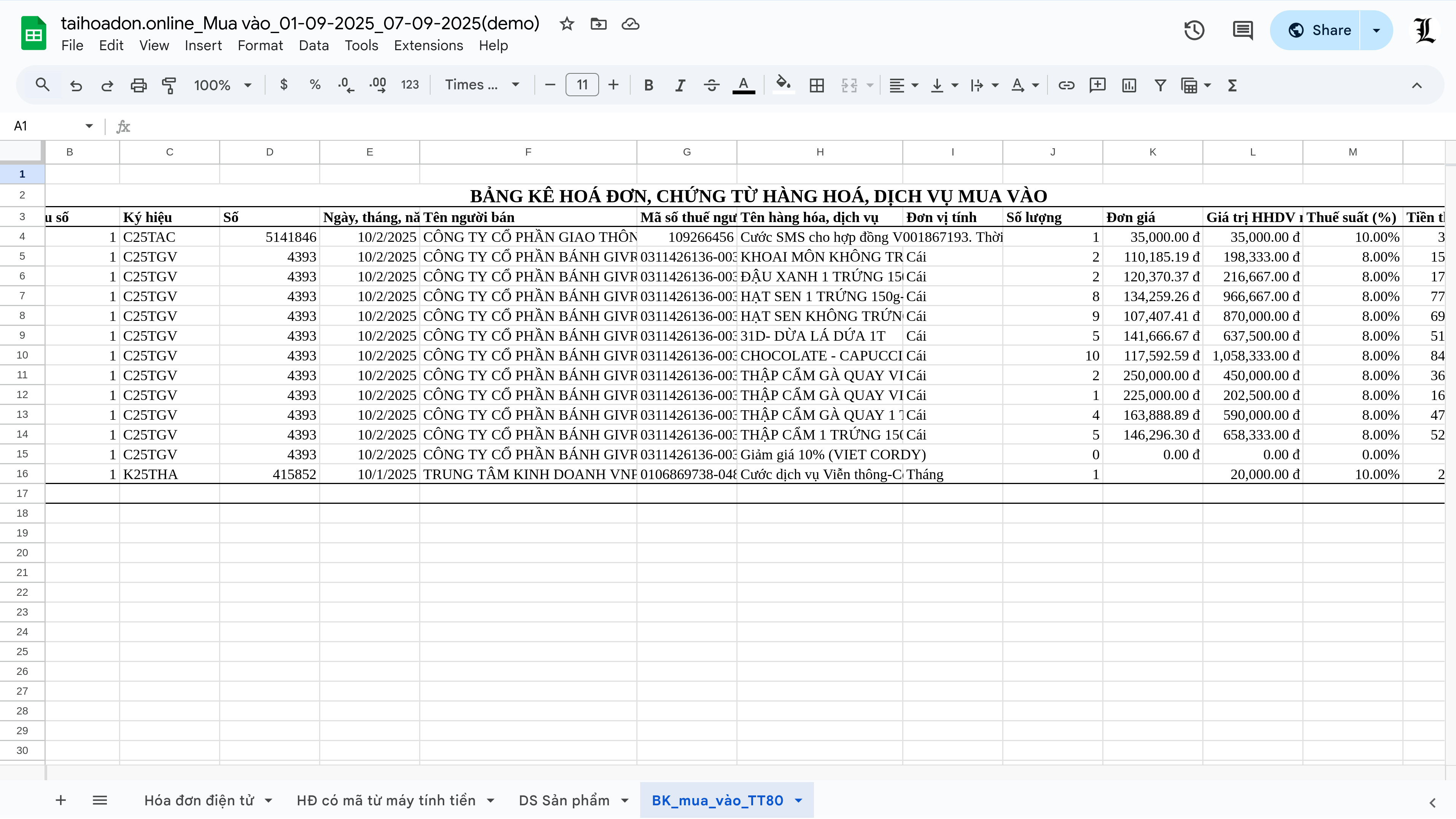 File Excel bảng kê chi tiết từng dòng hóa đơn và sản phẩm