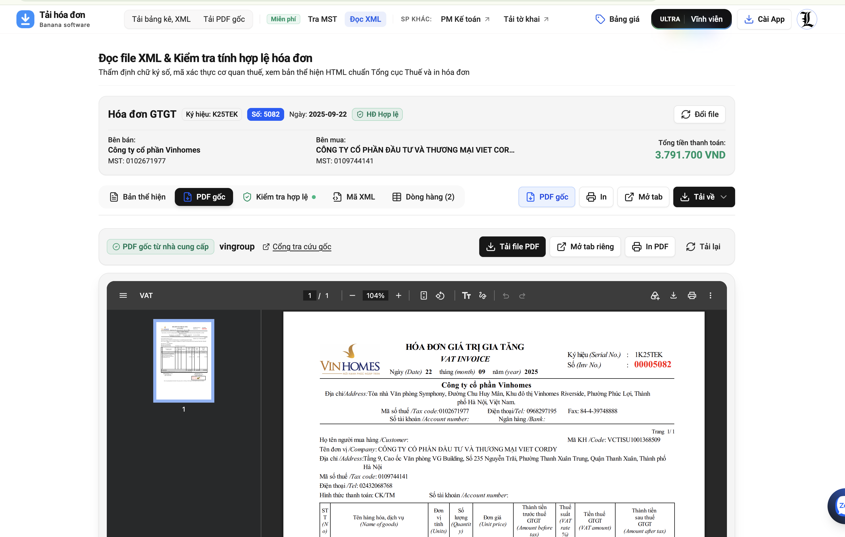 Giao diện công cụ Đọc file XML và Kiểm tra tính hợp lệ hóa đơn điện tử tại taihoadon.online
