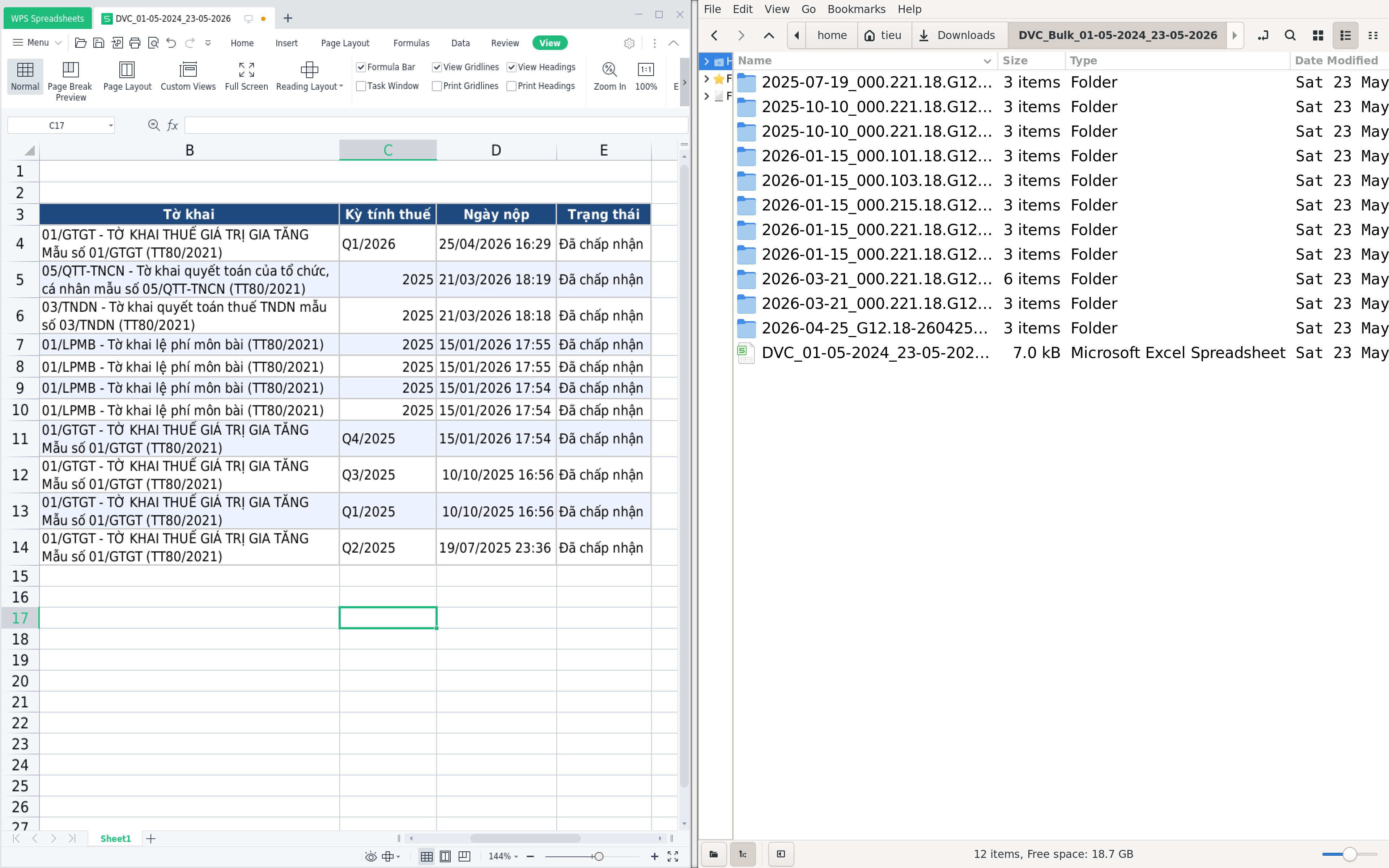 Trọn bộ file giải nén gồm file Excel tổng hợp và các thư mục XML, PDF gốc