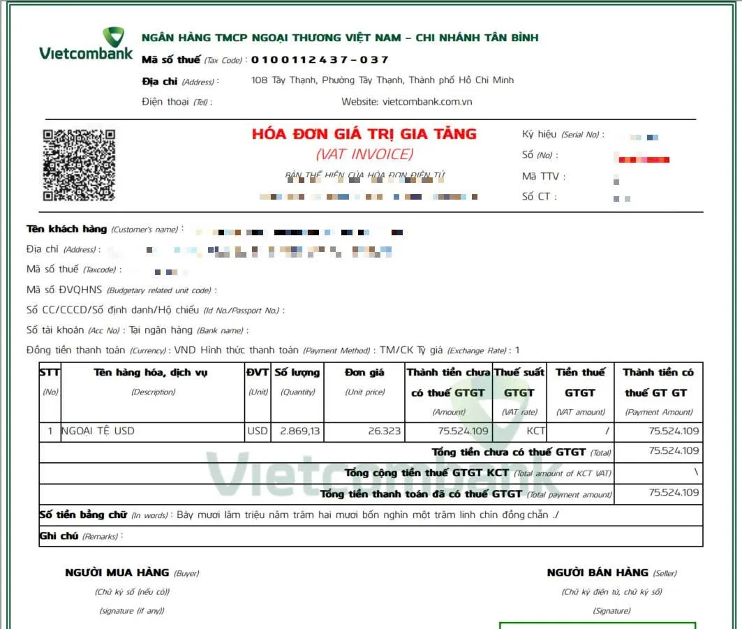 Mẫu file PDF hóa đơn giá trị gia tăng Ngân hàng Vietcombank tải về