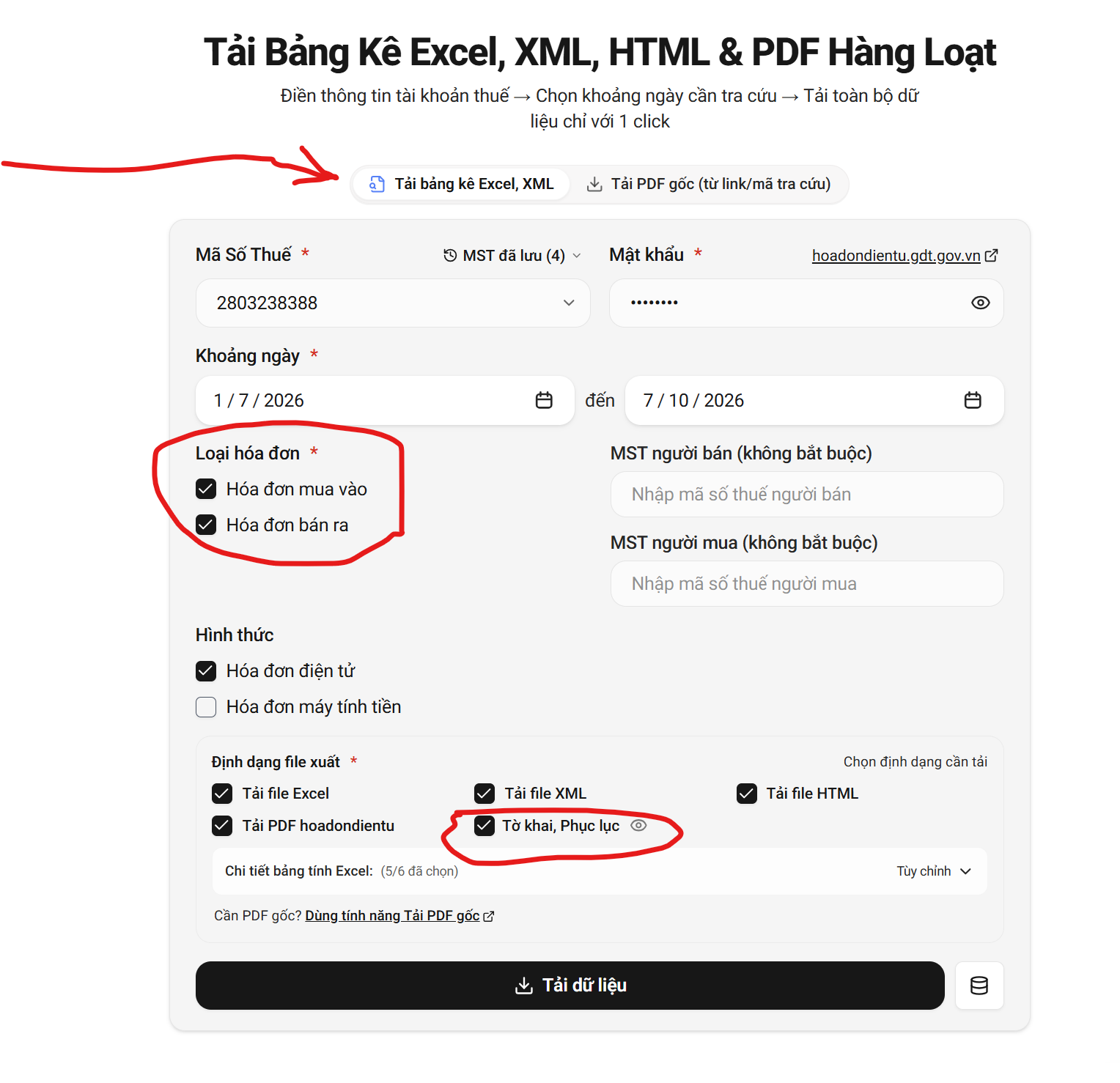 Điền thông tin Mã số thuế, mật khẩu, chọn khoảng ngày và định dạng xuất trên taihoadon.online