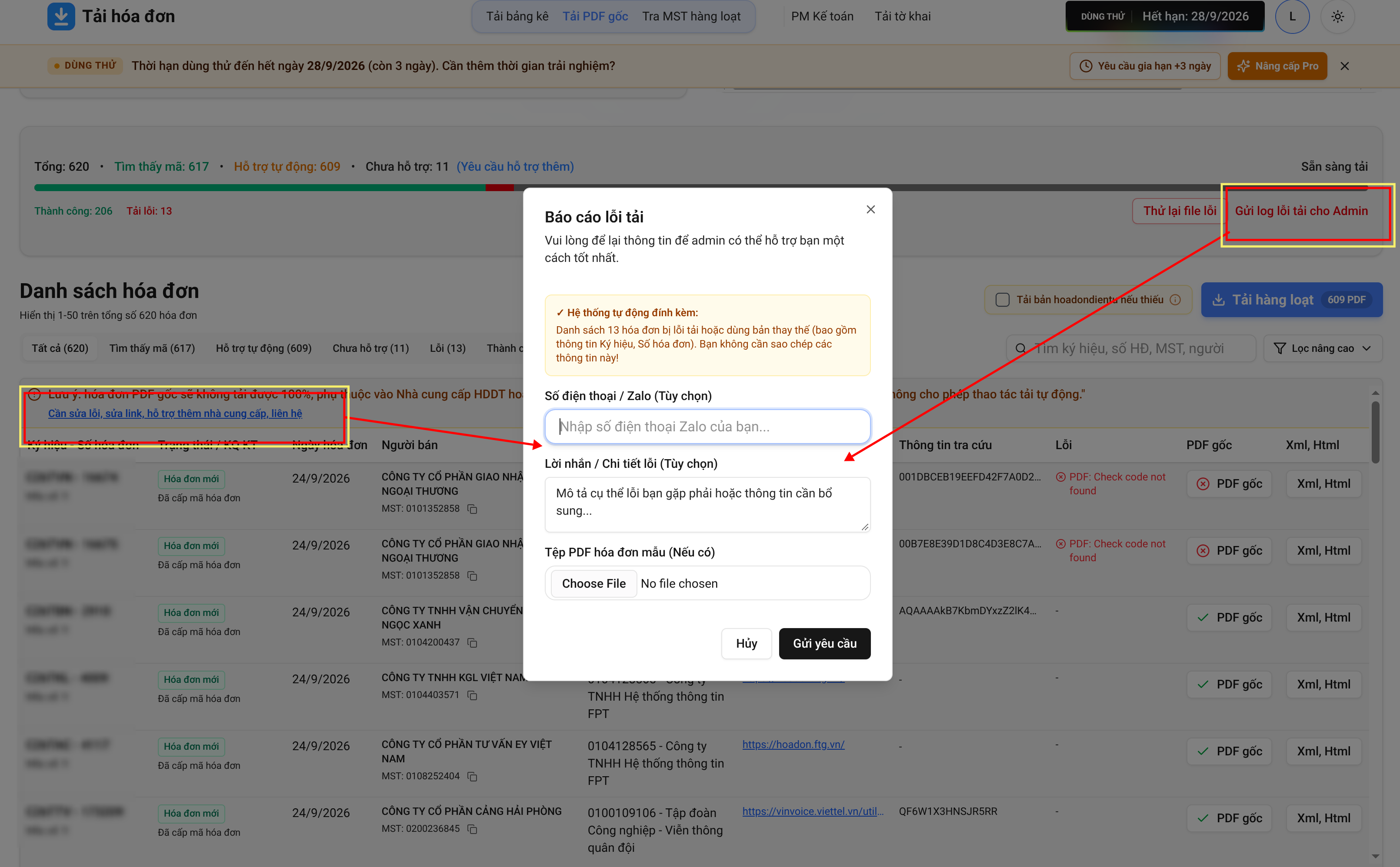Hướng dẫn gửi báo cáo lỗi tải và yêu cầu hỗ trợ thêm nhà cung cấp
